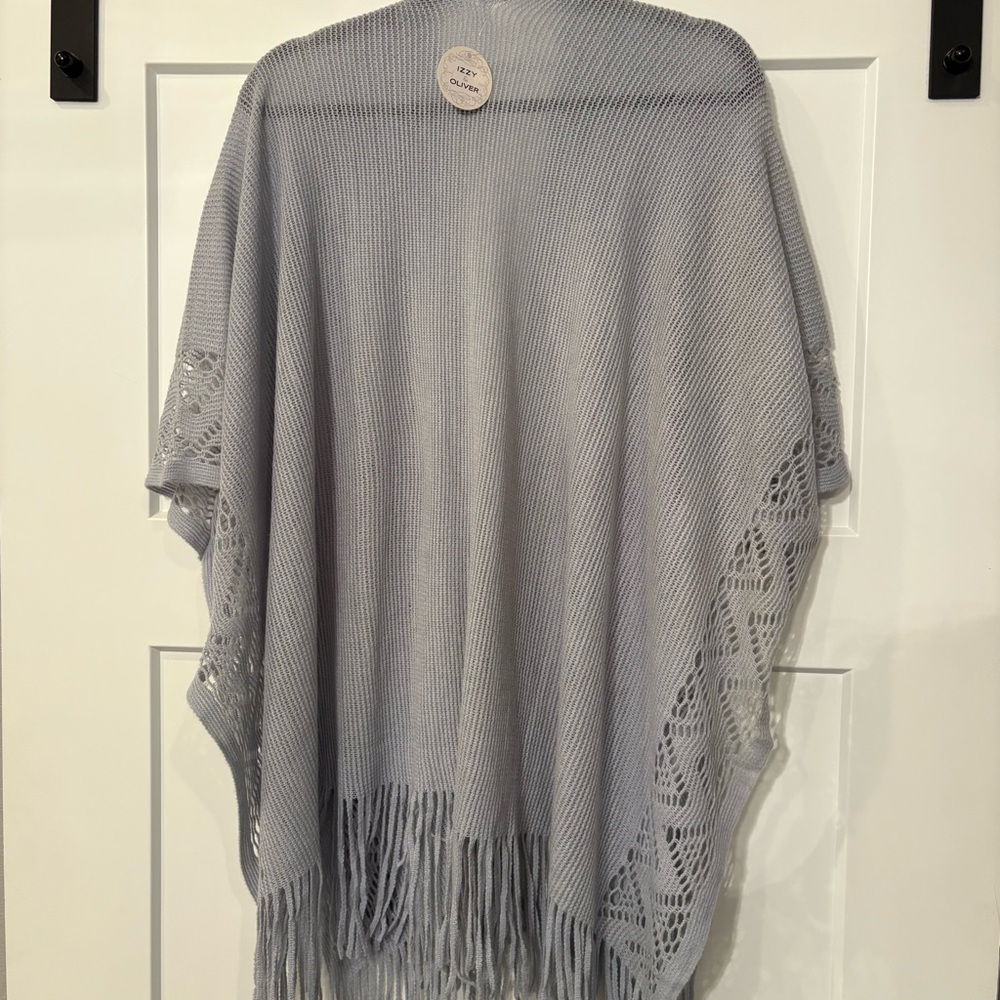 Izzy & Oliver BlueGray Fringe Open Front Poncho Cardigan Laser Cut One Size - Picture 5 of 5